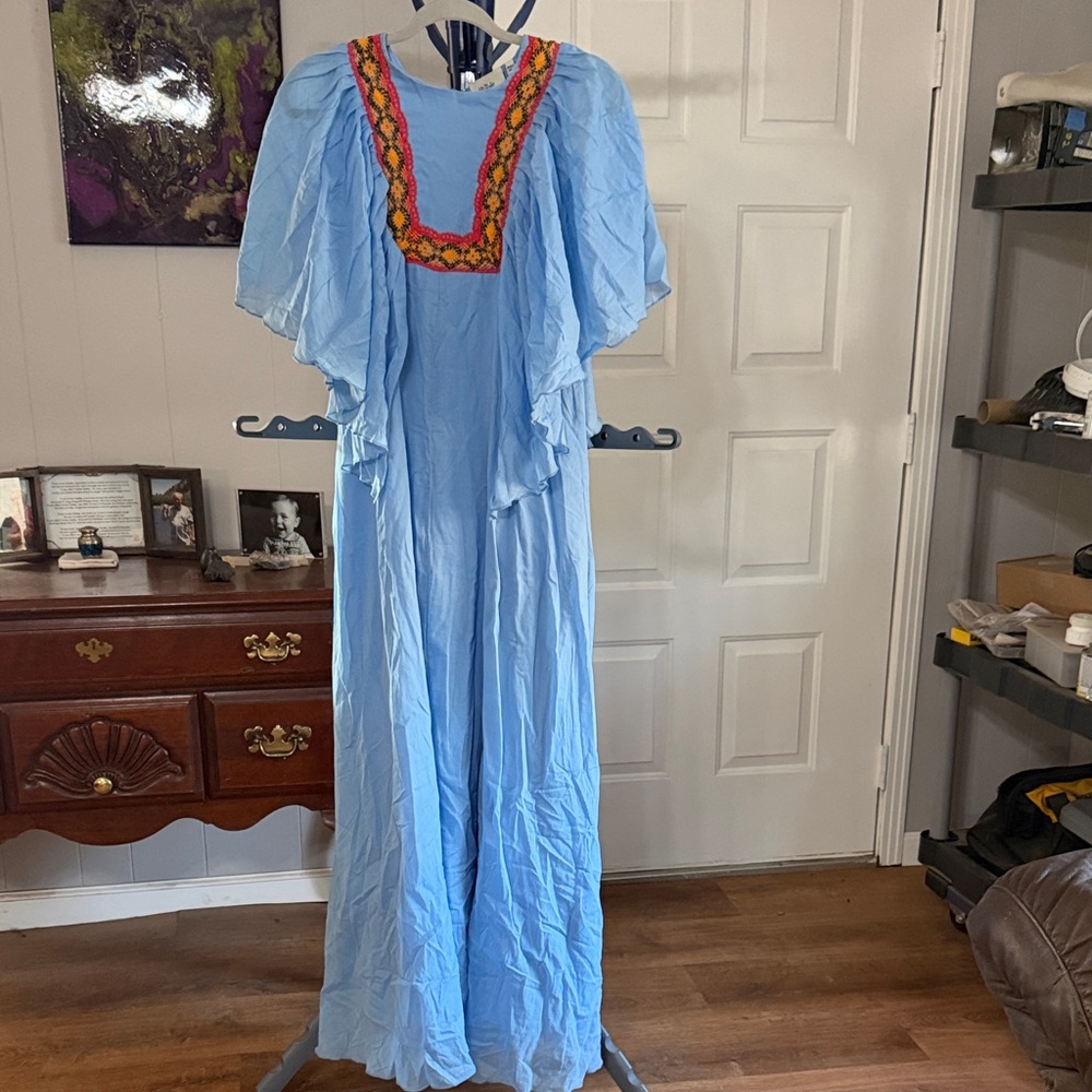 Blue Dress with Colorful Embroidery
